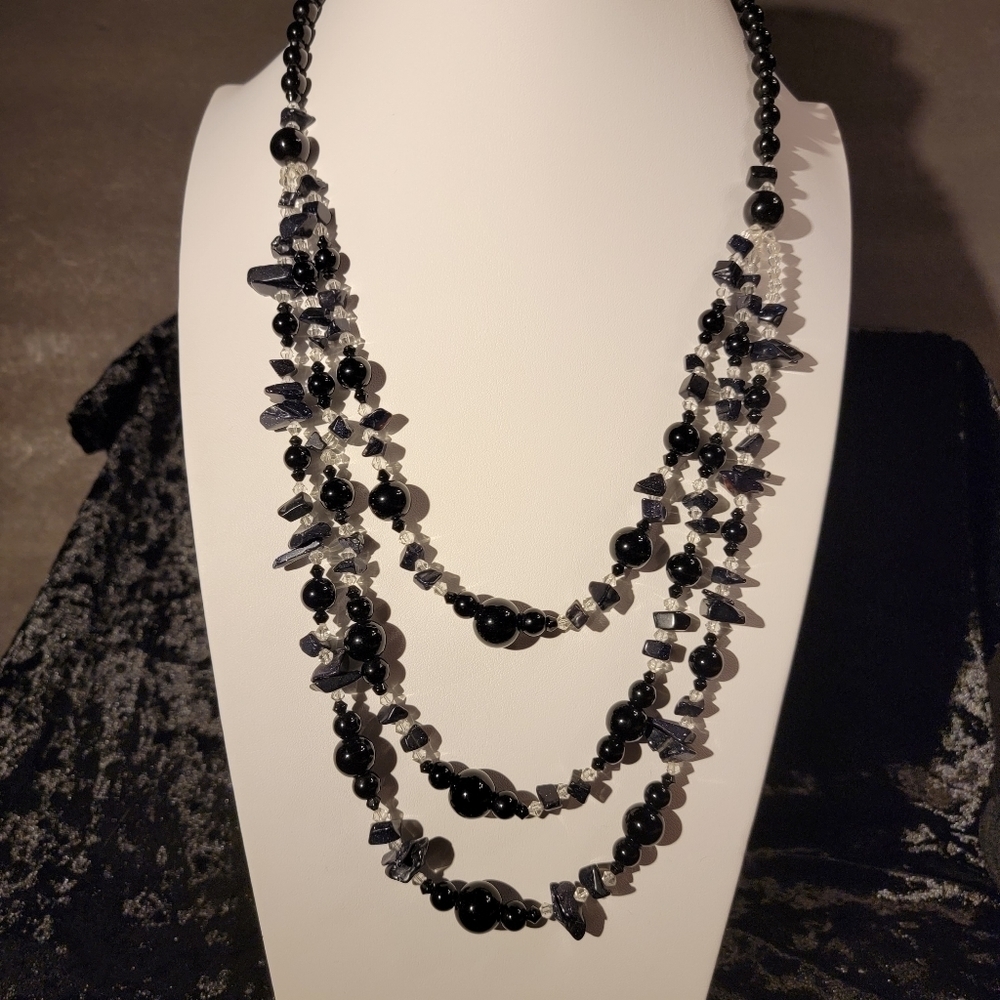 Triple Strand Black Glass Bead, Clear Bead and Black Stone Necklace - Picture 7 of 10